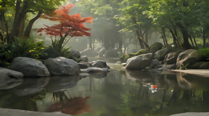 a small pond with rocks and a tree in the background