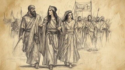 Fototapeta premium Biblical Illustration of Judges: Jephthah’s Victory and Vow, Solemn Return of Jephthah’s Daughter to Father, Ready to Fulfill Vow, Bible Wall Art on Beige Background