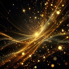 Obraz premium Abstract background of golden glitter sparkling stars and swirling light patterns on a black background, creating a festive and magical effect, Christmas theme. Shiny texture, galaxy concept