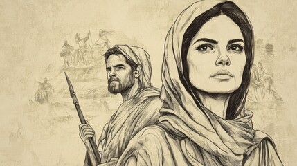 Biblical Illustration of Judges: Deborah as Strong and Wise Leader, Guiding Israel through Times of Peace, Bible Wall Art on Beige Background