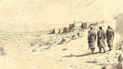 Naklejka premium Biblical Illustration of Judges: Danites Seek New Territory, Spies Exploring Peaceful and Prosperous Land of Laish, Inhabited by Unsuspecting People, Bible Wall Art on Beige Background