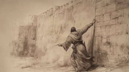 Biblical Illustration of Judges: Othniel, Ehud, and Shamgar, Ehud Escaping from King Eglon's Palace, Determination Visible on His Face, Bible Wall Art on Beige Background