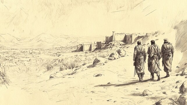 Biblical Illustration of Judges: Danites Seek New Territory, Spies Exploring Peaceful and Prosperous Land of Laish, Inhabited by Unsuspecting People, Bible Wall Art on Beige Background
