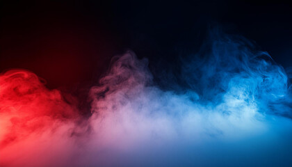 Obraz premium Abstract Gradient Smoke in Motion. Vivid Red and Blue Mist Clouds Colliding and Dissipating Against a Black Background. Patriotic Themed Background For Political Topics USA Flag Colors Election Vote