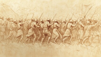 Biblical Illustration of Judges: War Against Benjamin, Final Defeat of Benjaminites, 25,000 Warriors Killed, Bible Wall Art on Beige Background