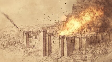 Biblical Illustration of Judges: Abimelech’s Reign and Jotham’s Story, Abimelech Attacking Shechem, Setting City on Fire in Retaliation for Rebellion, Bible Wall Art on Beige Background