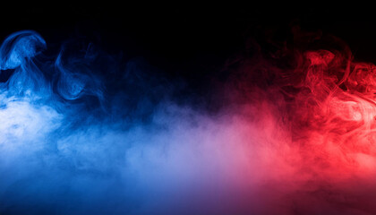 Fototapeta premium Abstract Gradient Smoke in Motion. Vivid Red and Blue Mist Clouds Colliding and Dissipating Against a Black Background. Patriotic Themed Background For Political Topics USA Flag Colors Election Vote