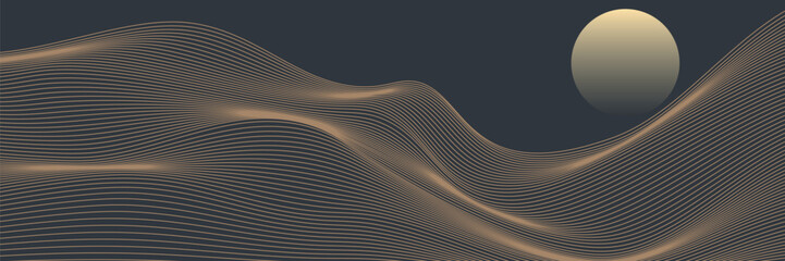 Vector abstract art landscape mountain with birds and sunrise with gold line art texture isolated on dark gray black background. eps10 © Sonia