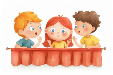 Three playful children sharing stories behind a colorful curtain, capturing the essence of friendship and imagination.