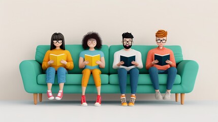 Fototapeta premium Diverse Reading Group - Flat Design Illustration of Multicultural Members Enjoying Books Together