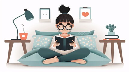 Fototapeta premium Cozy Evening Reading in Bed - Modern Flat Design Illustration of Relaxation and Leisure Time