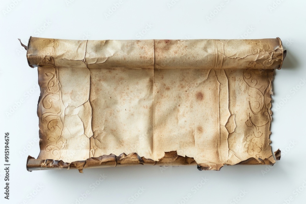 Poster a fragment of an old document or note lying on a clean and pure background, suitable for use in illu