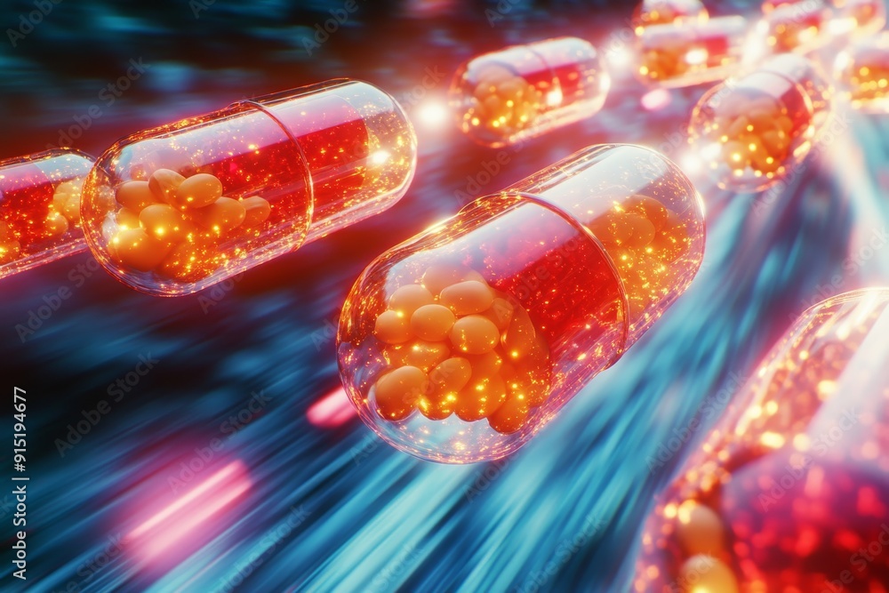 Poster dynamic image of capsules in motion with neon highlights symbolizing the speed and energy of modern 