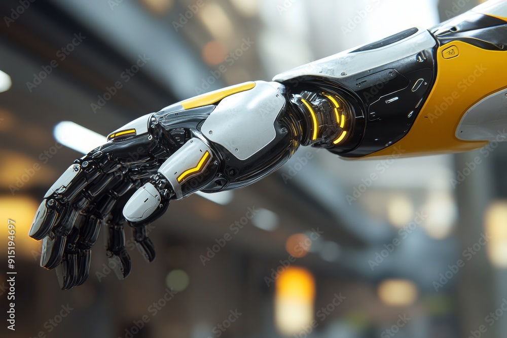 Poster futuristic robotic arm in industrial setting symbolizing the precision and strength of ai powered ro