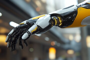 Futuristic Robotic Arm in Industrial Setting Symbolizing the Precision and Strength of AI Powered Robotics in Automated Manufacturing