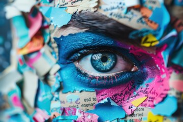 Fototapeta premium An intense blue eye peeks through a chaotic and colorful collage of torn paper, creating an abstract and emotional portrait that captivates with its creativity and detail.