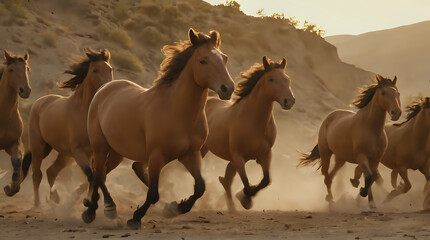horses running in a line in the desert with mountains in the background