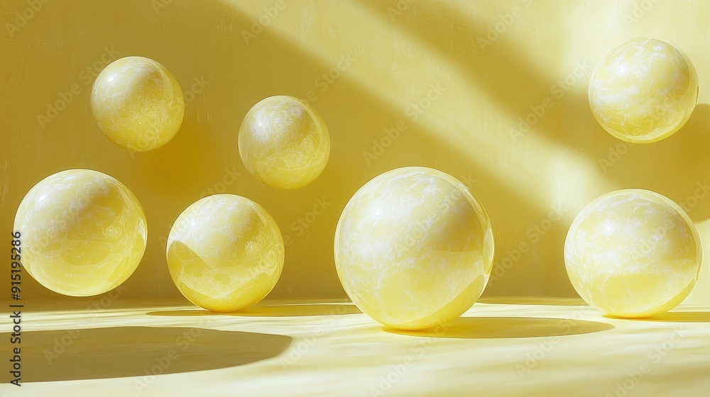 Poster bright yellow spheres hover above a light surface, casting soft shadows while sunlight illuminates t