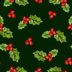 Christmas watercolor holly berries and leaves seamless pattern on green winter background