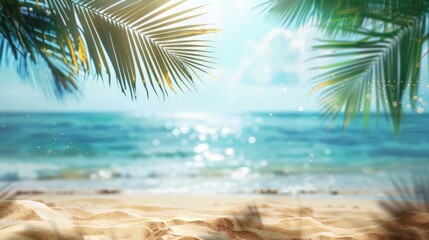 Fototapeta premium Summer relaxation background with tropical beach and blurry sea for product ads