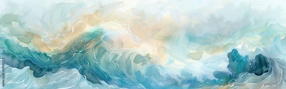 Poster an abstract watercolor painting depicting stylized ocean waves in hues of blue, green, and yellow. t