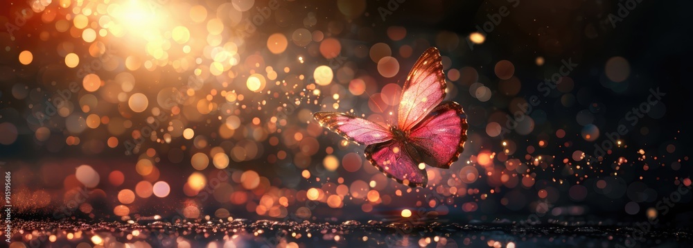 Poster a graceful butterfly in mid-flight with a backdrop of sparkling bokeh lights, capturing a moment of 