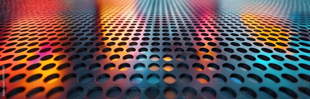 Poster a close-up of a perforated metal surface reflecting vibrant colors from surrounding lights, creating