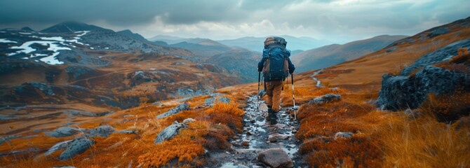 A lone hiker trekking along a rugged mountain trail in autumn, surrounded by vast wilderness and dramatic landscapes.
