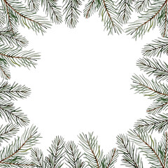 Watercolor square frame made of pine branch, white background, for design winter holiday Christmas banners frame postcard invitation background