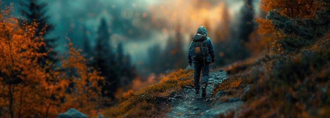 A hiker walking through a mystical forest during autumn, surrounded by vibrant orange foliage and glowing bokeh lights.
