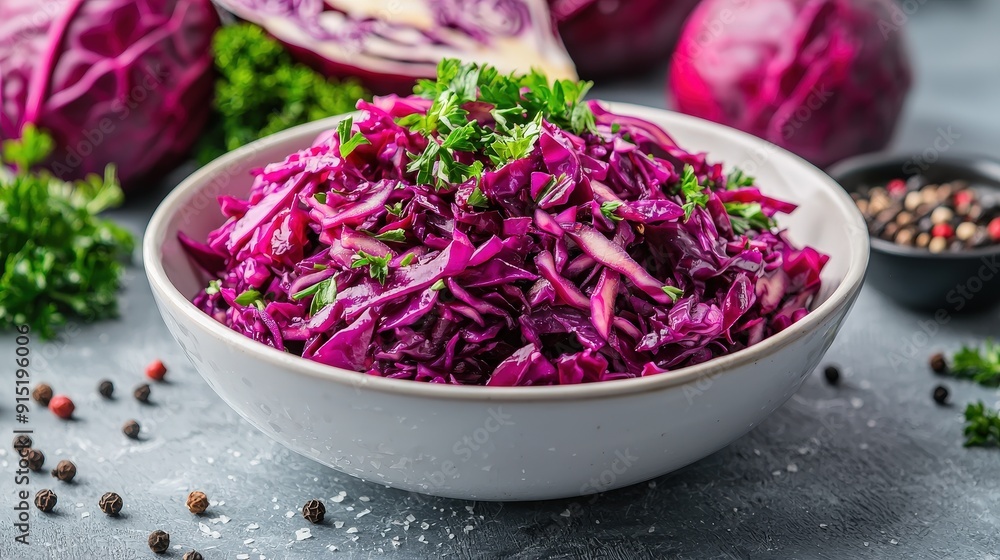 Sticker A vibrant red cabbage salad topped with fresh parsley sits in a bowl, surrounded by colorful vegetables and spices on a kitchen surface