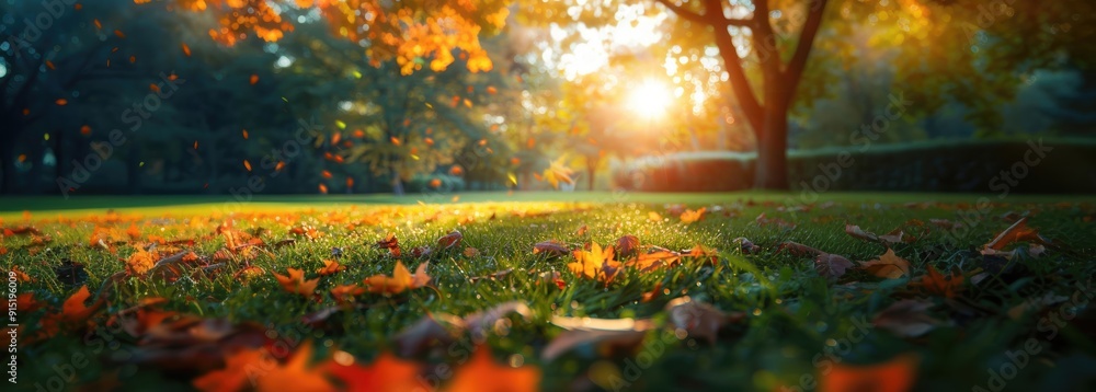 Poster golden sunlight filters through trees in an autumn park, illuminating falling leaves and creating a 