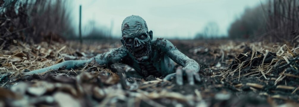 A terrifying zombie with decayed skin and hollow eyes crawling out of a barren, desolate ground, evoking horror and dread.