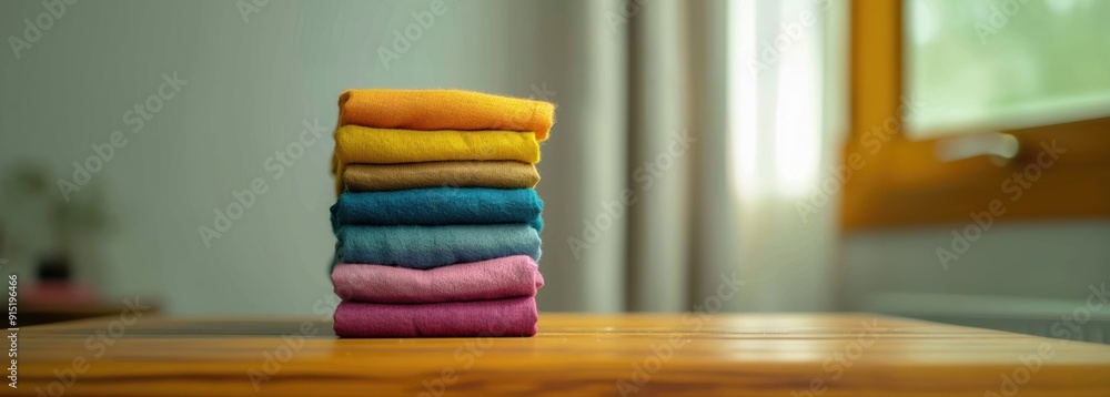 Poster a neat stack of folded colorful clothes placed on a wooden table in a softly lit room, symbolizing o