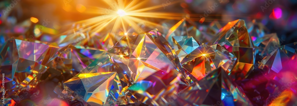 Poster close-up of sparkling diamonds reflecting colorful light, creating a mesmerizing and luxurious visua