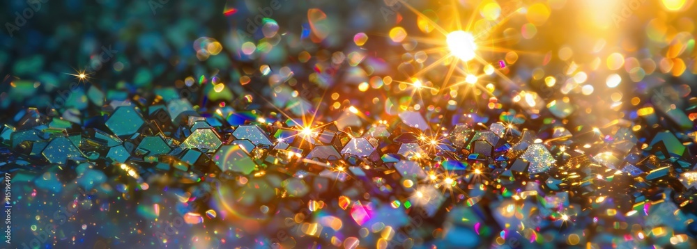 Poster a collection of shining crystals with colorful bokeh lights, creating a magical and luxurious scene 