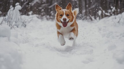 Brown and White Dog Running Through Snow
