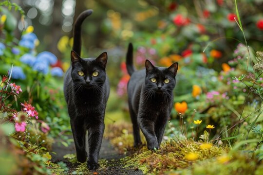 Two black cats stride confidently through a colorful garden, surrounded by blooming flowers and greenery during a sunny spring day - Powered by Adobe
