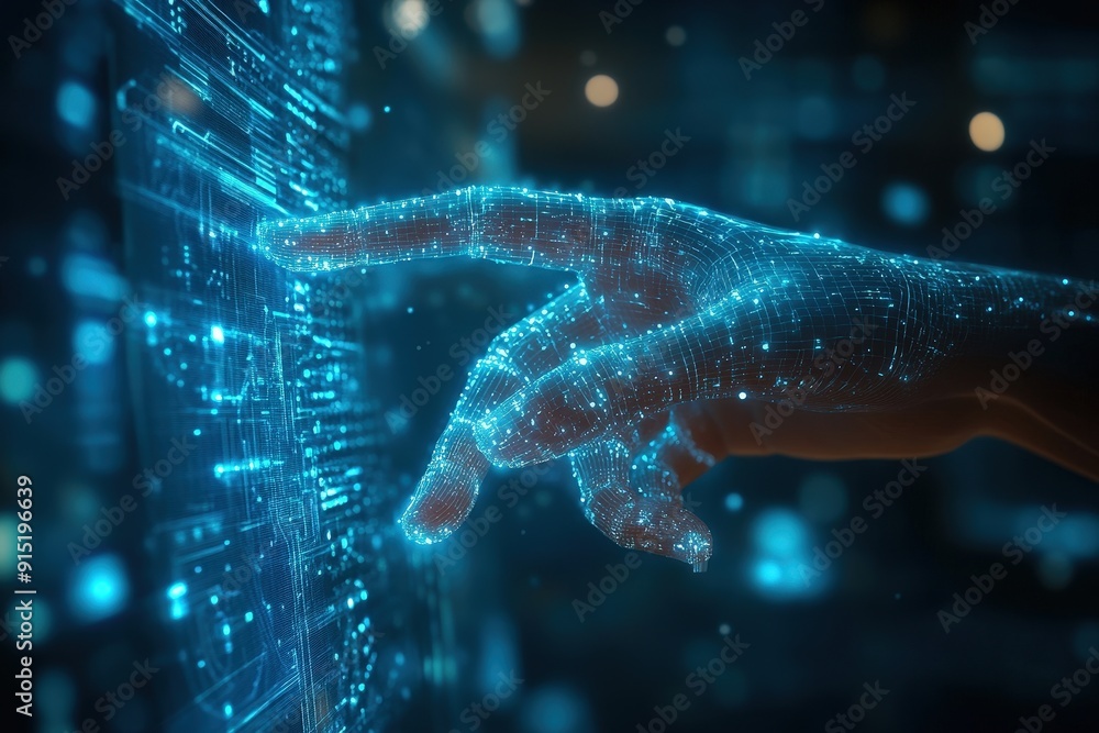 Poster A human hand reaches out, interacting with a glowing digital display filled with data points and visual elements in a dark setting