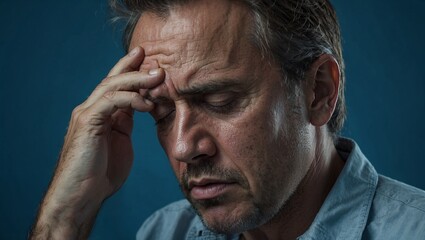 Fototapeta premium Stressed man holding head with fingers, eyes closed