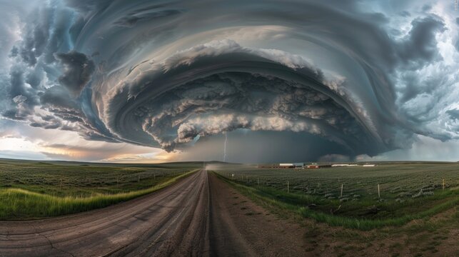 Icredible supercell with lightning and dust storm spinning across road before small city, sky full of dark storm clouds