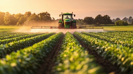 Fototapeta premium A tractor sprays pesticides across rows of lush green crops as the sun rises, creating a misty atmosphere in the early morning light