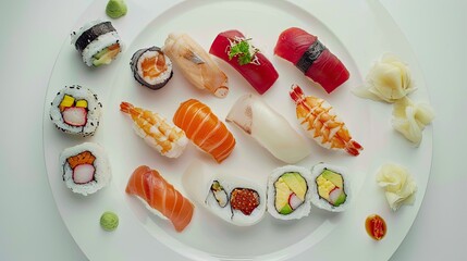 variety of sushi pieces, neatly arranged on a white plate
