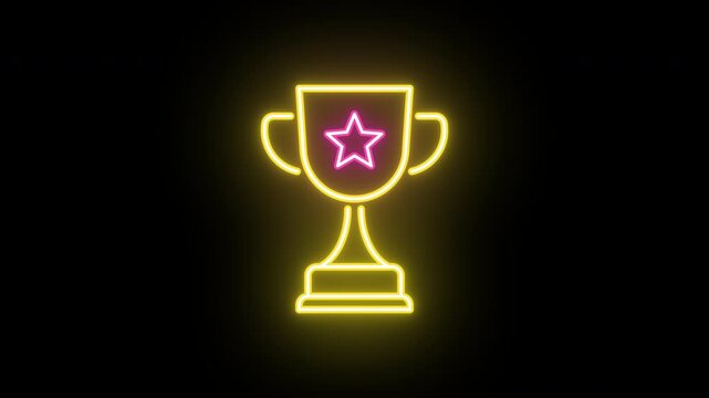 Neon prize cup icon animation, color shift animation. Glowing neon reward cup, looped color animation. Award, sport trophy, winner, game reward and achievement, victory. Pink, yellow color