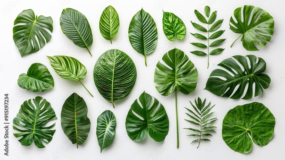 Aufkleber a variety of green leaves displaying unique shapes and textures spread across a white surface, illum