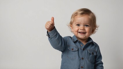 Smiling toddler in denim shirt gives thumbs-up gesture