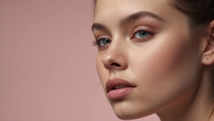 Fototapeta premium Young woman with clear skin and neutral look in portrait