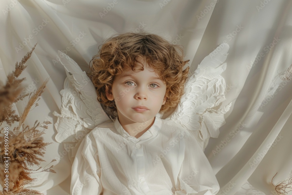 Wall mural a young boy with curly hair wearing a white shirt