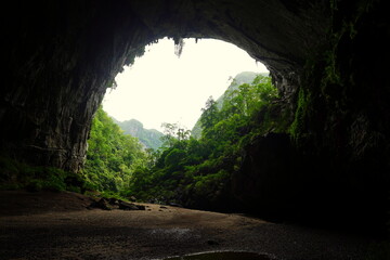 View through rock arch into the jungle at the cave entrance of Hang En Cave at Phong-Nha-ke-Bang National Park, Vietnam