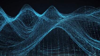 Abstract digital waves with glowing blue lines and grids